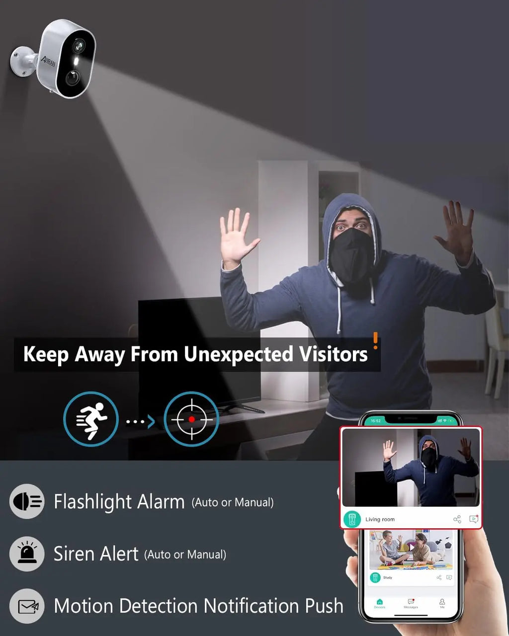 ANRAN 2K Battery WiFi Security Camera,Home Security Wireless Indoor,Motion Detection,2-Way Talk Spotlight Siren Alarm,Waterproof