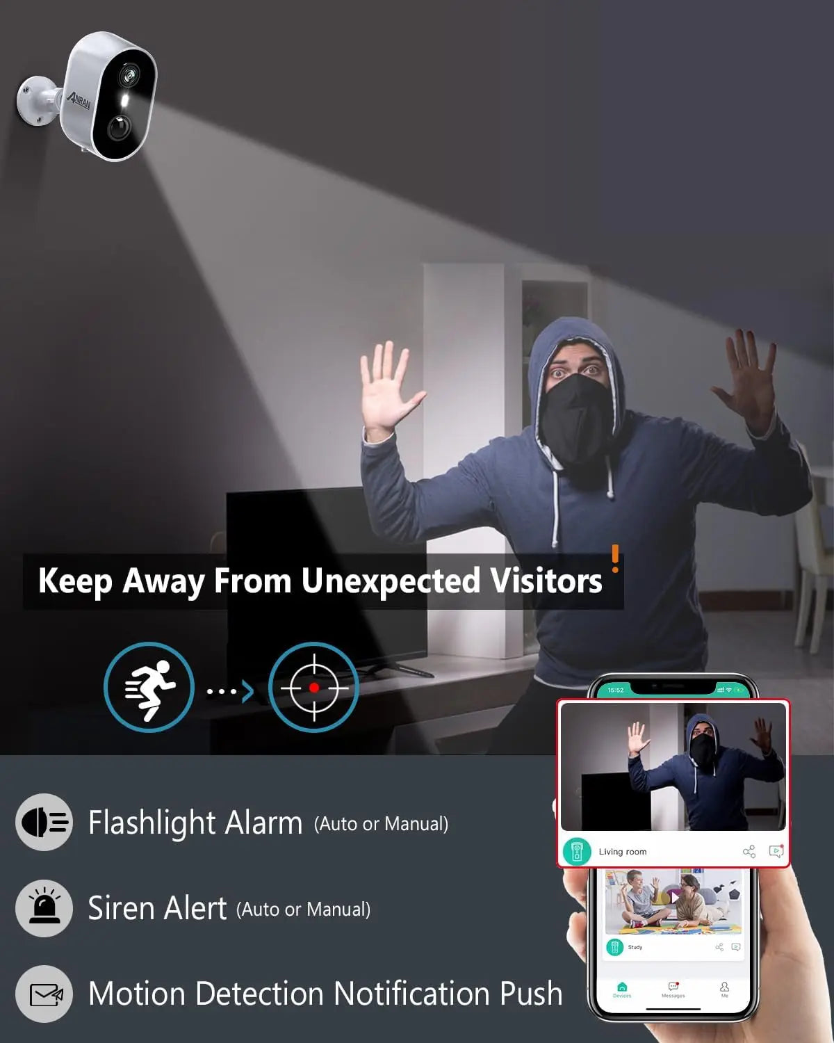ANRAN 2K Battery WiFi Security Camera,Home Security Wireless Indoor,Motion Detection,2-Way Talk Spotlight Siren Alarm,Waterproof