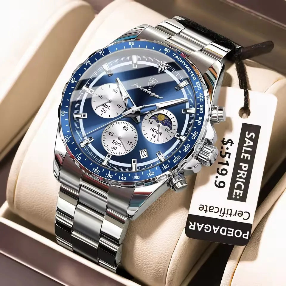 POEDAGAR 879 Original Watch Man Stainless Steel Quartz Men Clock Sports Waterproof Luminous Chronograph Date Reloj Men's Watches