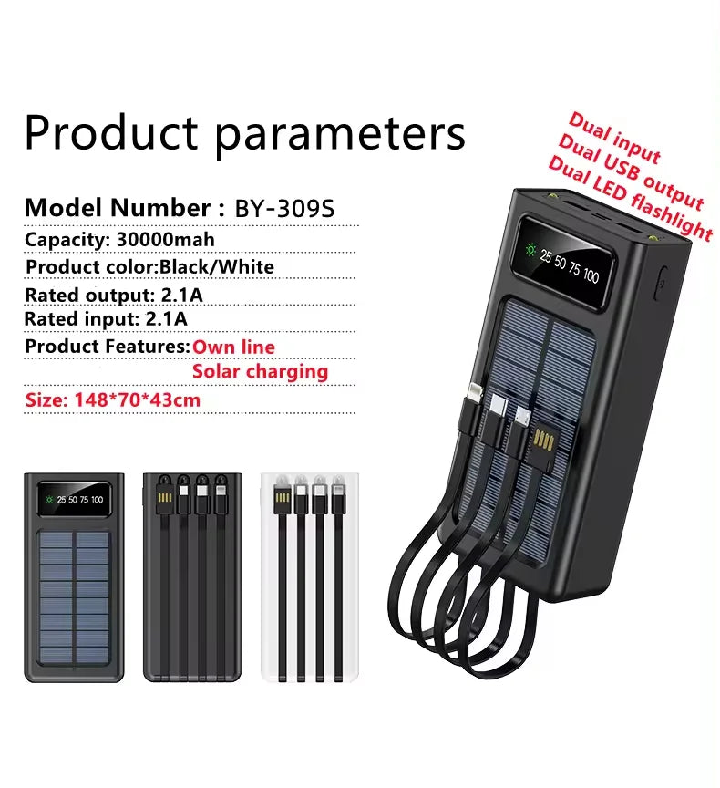 Wholesale Travel Portable With Cable Dual USB Dual Input Port High-capacity 30000mah Solar Power Bank