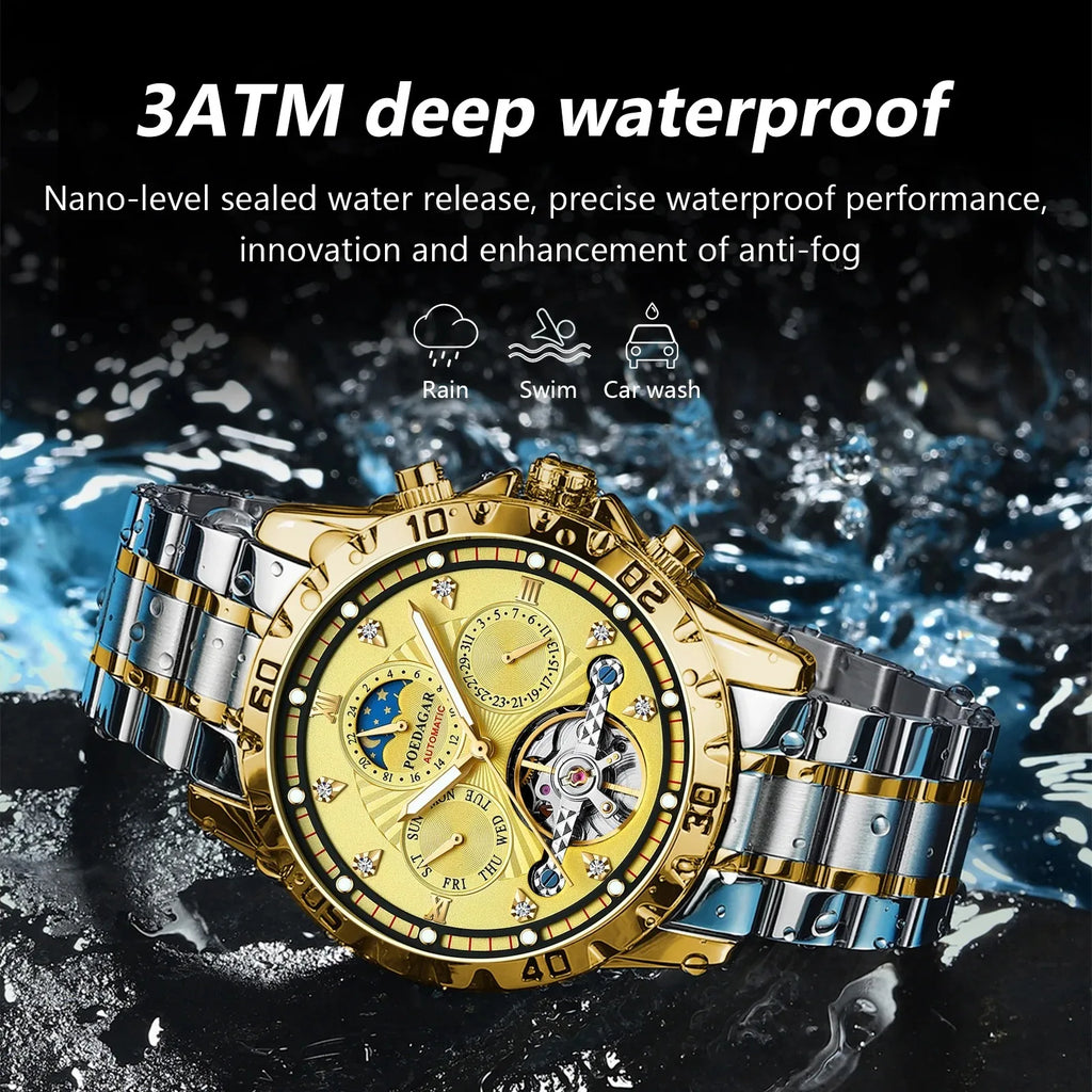 POEDAGAR 1412 Luxury Automatic Mechanical Tourbillon Waterproof Luminous Date Week Men Wristwatch Stainless Steel Men's Watches