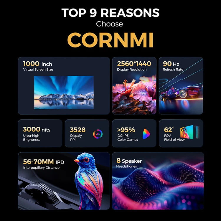 CORNMI Immersive 3D Head Mounted Display Virtual Reality Smart Glasses Stock Available for Private Cinema & Gaming
