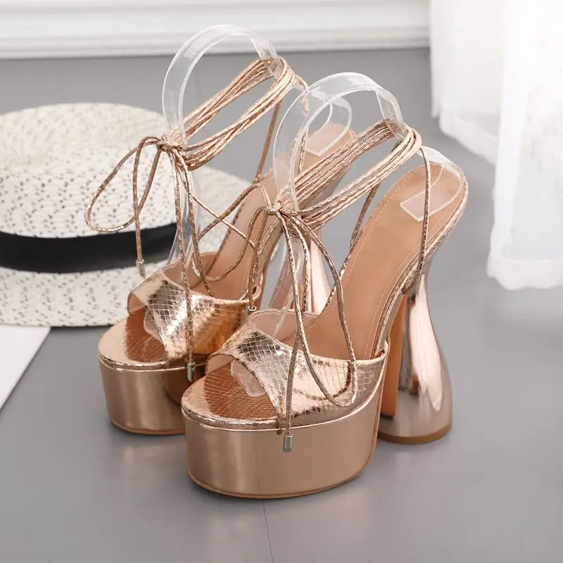2023 Sandalias Mujer Tacones Talons Femme17CM Shoes Women Cup Block Heel Platform Lace up Sandals Peep Toe Heels