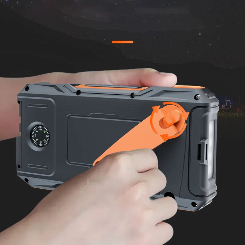 Portable Waterproof 10000Mah Hand Crank Solar Power Bank With Phone Holder and Strong Torch Function