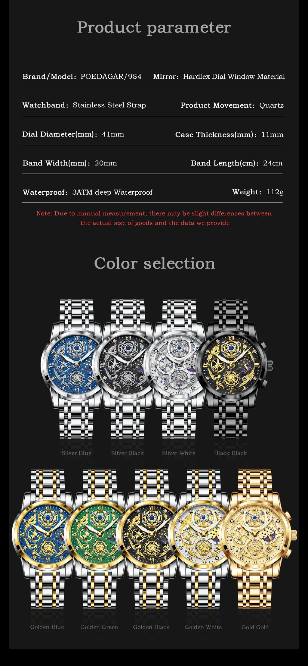 POEDAGAR Watch Luxury 984 Fashion Quartz Men's Watches Reloj High Quality Chronograph Moon Phase Dial Wristwatches Reloj Montre