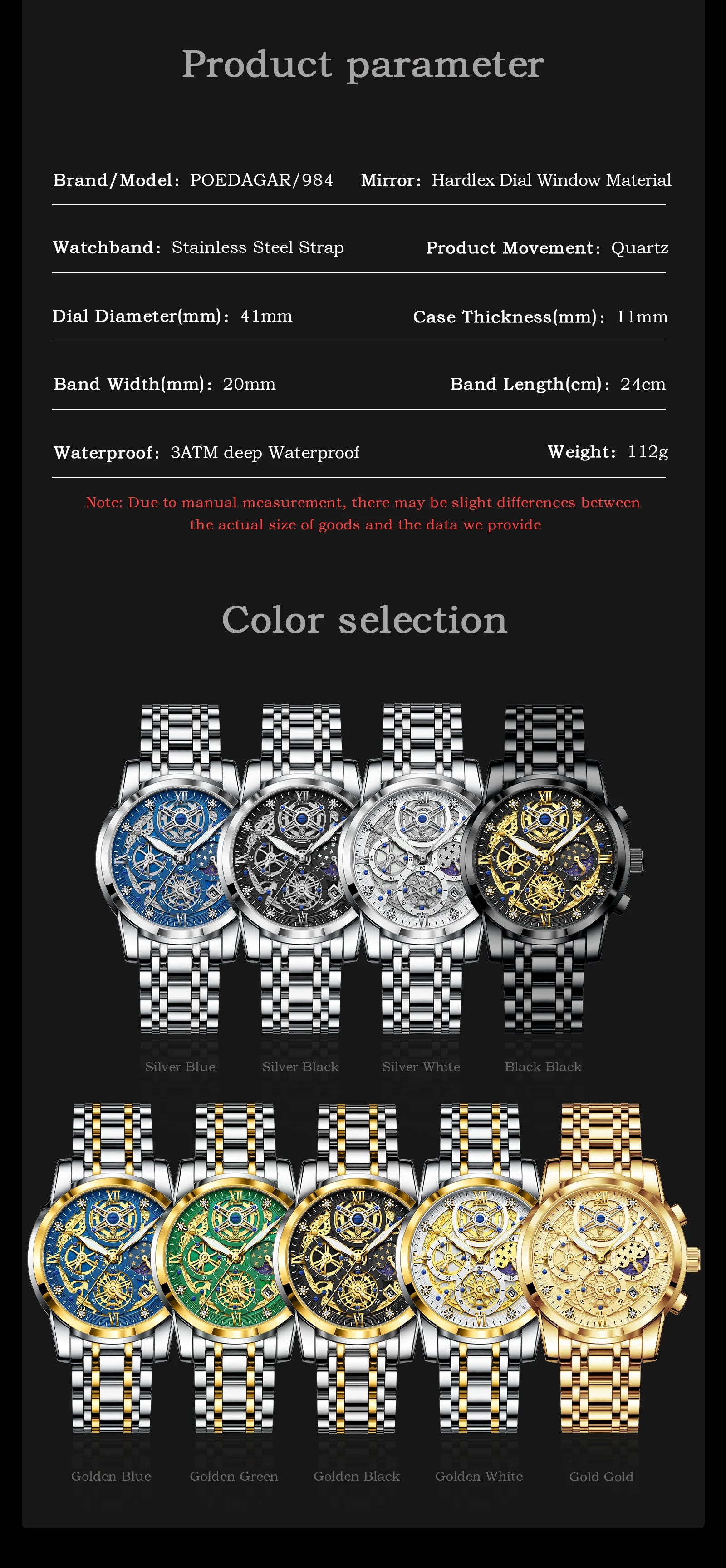 POEDAGAR Watch Luxury 984 Fashion Quartz Men's Watches Reloj High Quality Chronograph Moon Phase Dial Wristwatches Reloj Montre