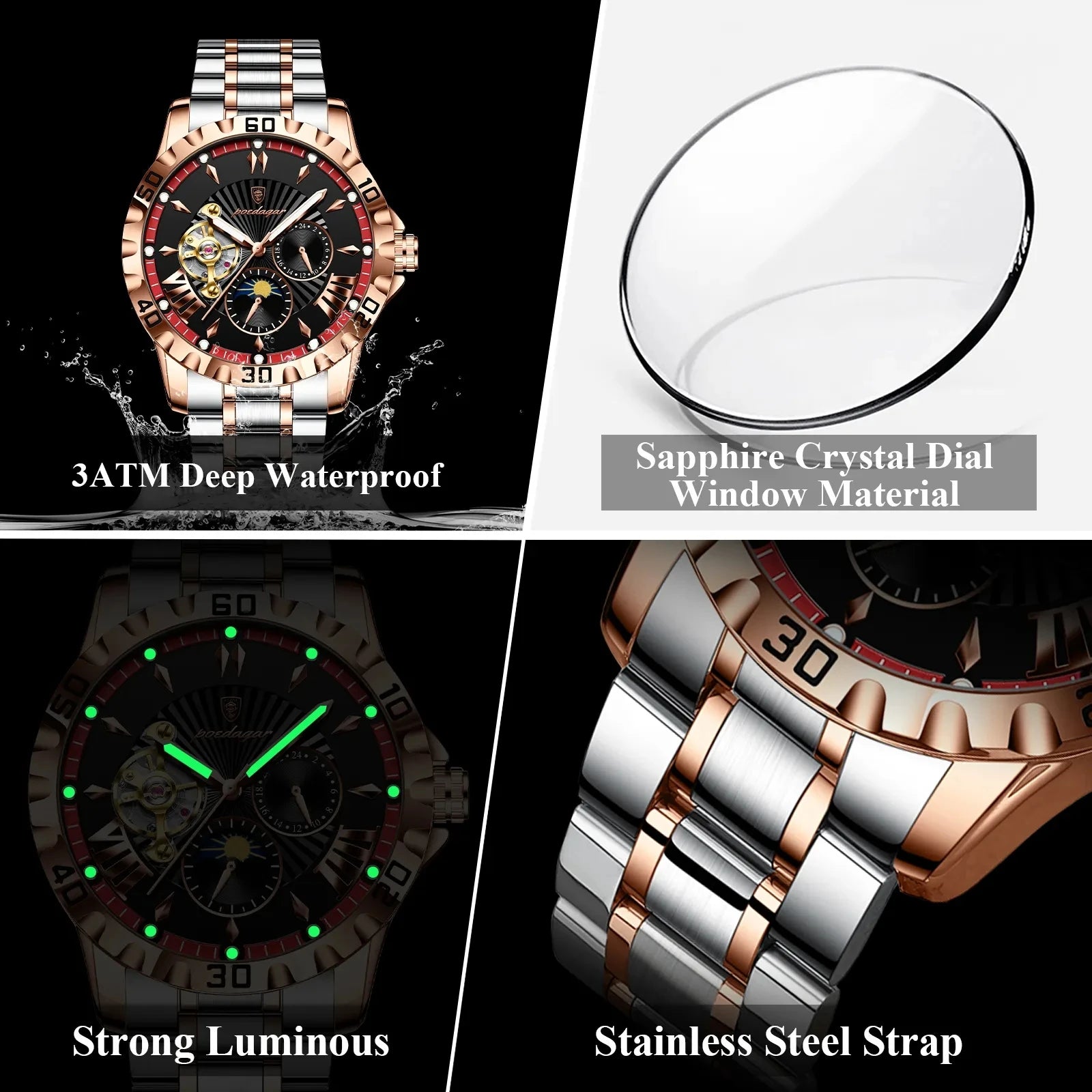 POEDAGAR 1415 Automatic Mechanical Man Watch Waterproof Luxury Men Hollow Out Tourbillon Luminous Stainless Steel Men's Watches