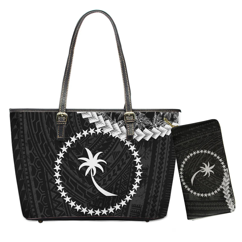 Hawaiian Flower Polynesian Design Print Women Handbags and Purses Set Customized Large Leather Tote Matching Long Zipper Wallet