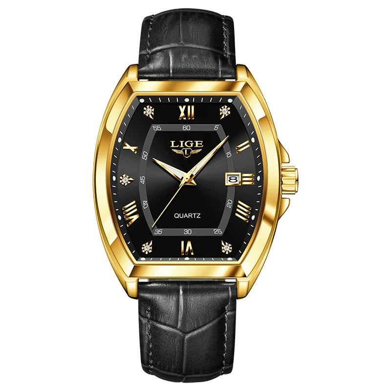LIGE Men's Watches Luxury Original Top Brand Quartz Watch for Men Leather Waterproof Luminous Diamond Dial Date Male Wristwatch