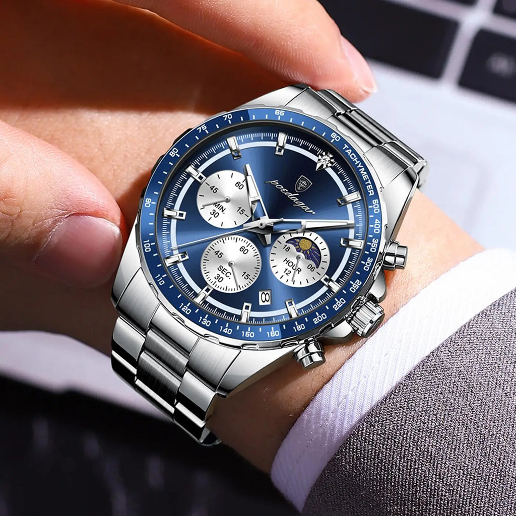 POEDAGAR 879 Sports Watch Waterproof Luminous Chronograph Stainless Steel Original Men Clock Date Man Quartz Men's Watches Reloj
