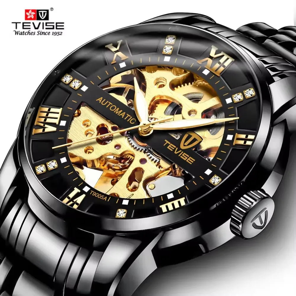 TEVISE T9005A Automatic 3ATM Waterproof Mechanical Roman Digital 9005A Luminous Function Hollow Stainless Steel Men's Watches
