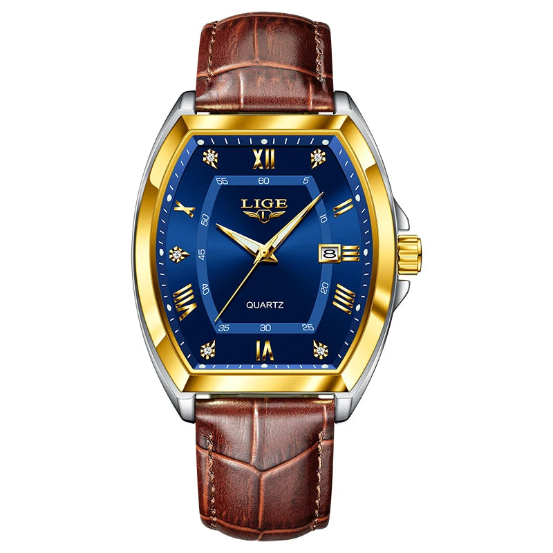 LIGE Men's Watches Luxury Original Top Brand Quartz Watch for Men Leather Waterproof Luminous Diamond Dial Date Male Wristwatch