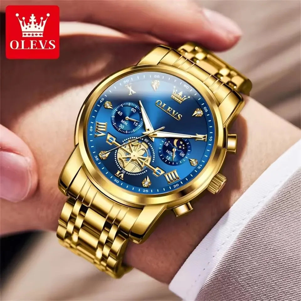 OLEVS 2856 Men's Watches Classic Multifunctional Flywheel Design Stainless Steel Waterproof Moon Phase Men's Wristwatches Trend