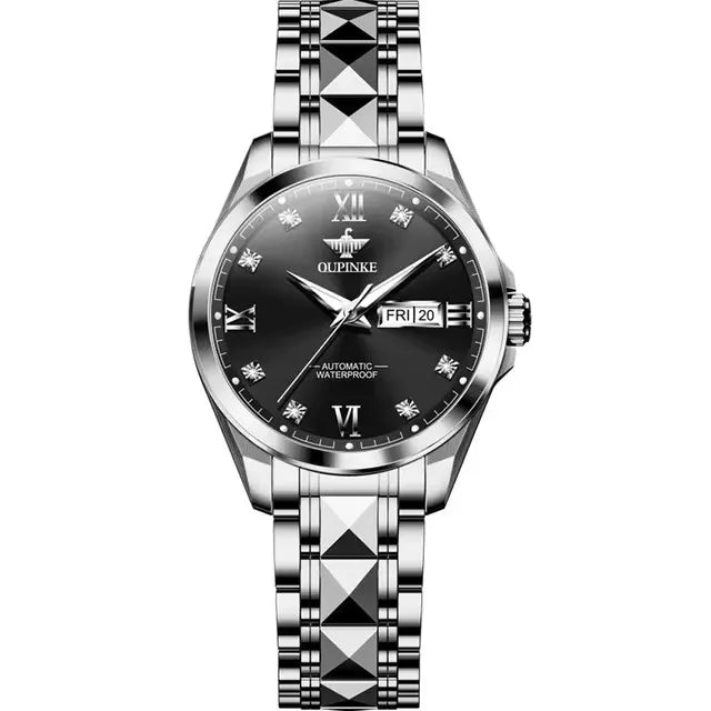 Oupinke 3262 Women's Watches Elegant Trend Girl Silver Tungsten Steel Strap Classic Calendar Date Chronograph Ladies Wristwatch