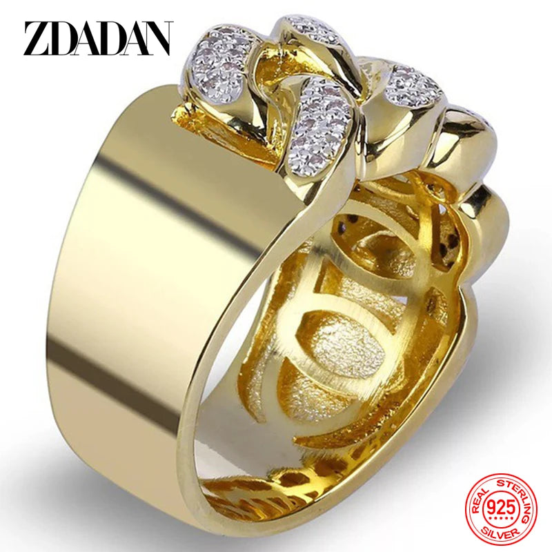 ZDADAN 925 Sterling Silver 18K Gold Zircon Ring For Men Women Fashion Jewelry Party Gift
