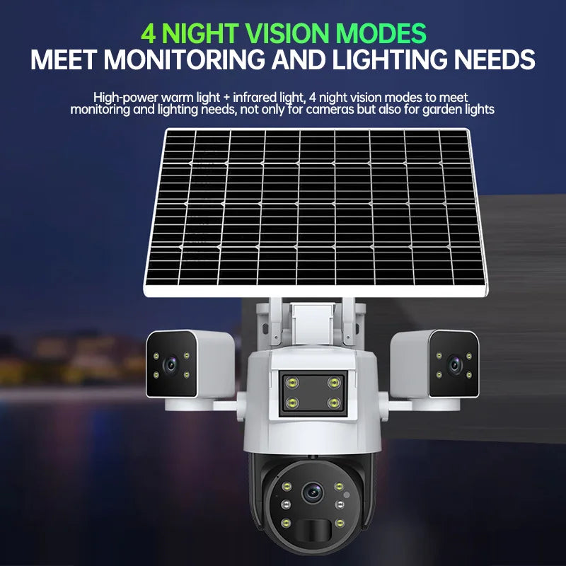 Rscamtom 4G Solar Camera Outdoor Waterproof Three screen Human Motion Detection Alarm Two way Voice Security Camera Solar 4G