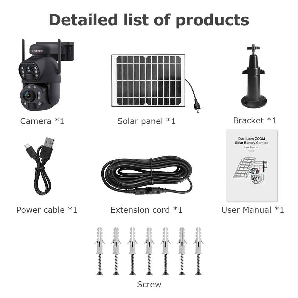 SECTEC Home Outdoor Security IP66 Waterproof Battery 36X Zoom 4G Camera Wifi Metal Dual Lens Laser Infrared Solar Outdoor Camera