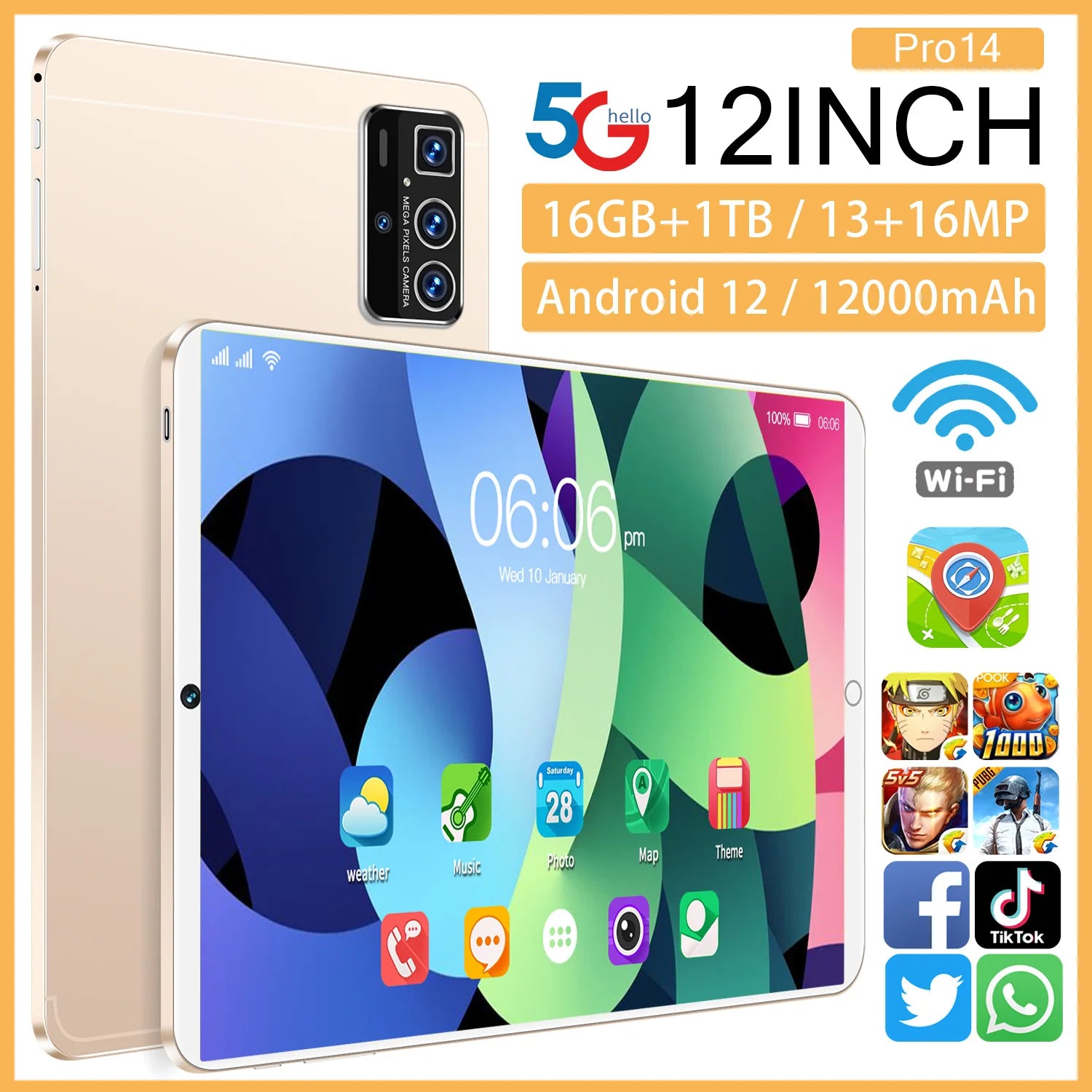12 Inch Dual SIM Android Tablet  16GB+1TB 14 Pro Pro Branded Educational Phone Call Feature