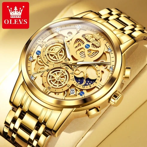 OLEVS 9947 Men's Watches Top Brand Chic Original Waterproof Quartz Watch for Man Gold Skeleton Style 24 Hour Day Night Clock