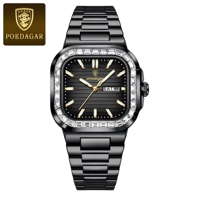 POEDAGAR New Luxury Gold Blue Quartz Watch for Men Stainless Steel Waterproof Luminous Date Week Fashion Square Men's Watches