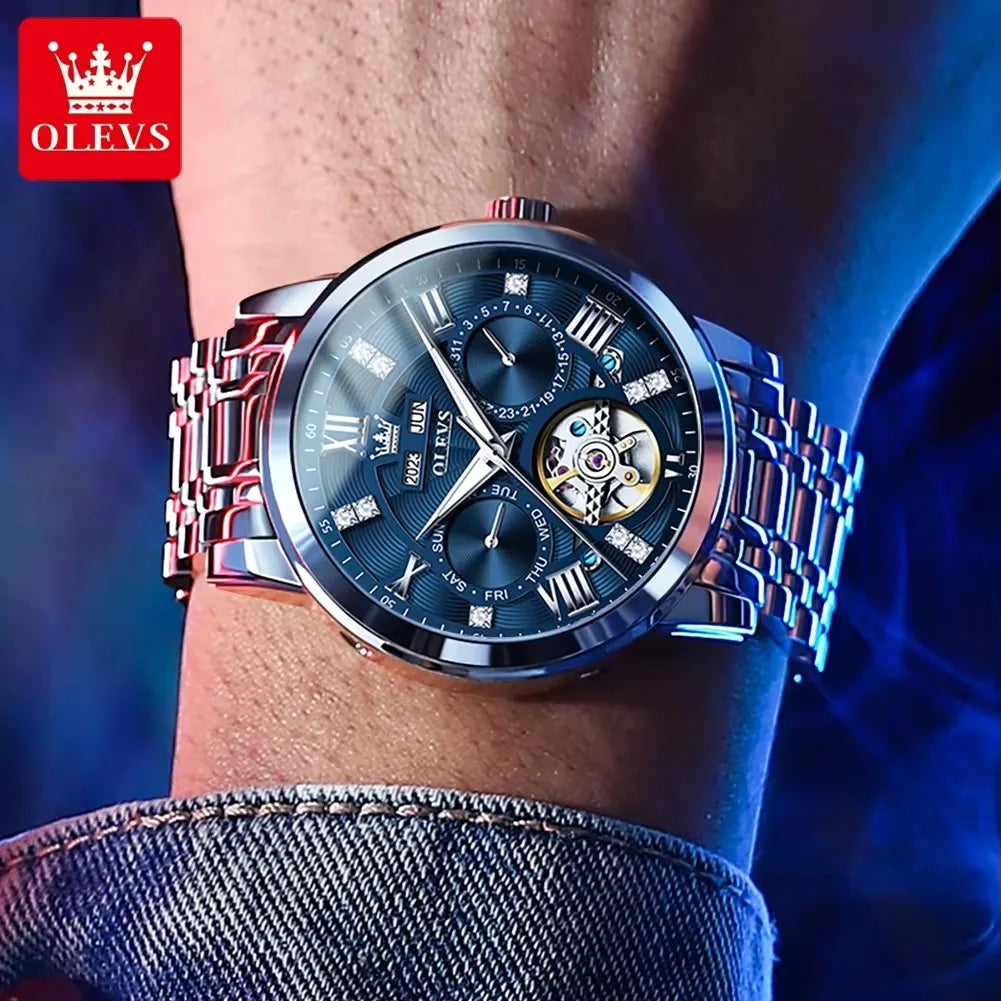 OLEVS 6701 Tourbillon Mechanical Skeleton Hollow Out Men's Watches Automatic Stainless Steel Strap Original Wristwatch for Men