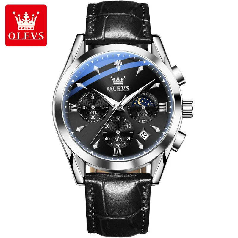 OLEVS New TOP Luxury 3609 Band Wristwatch Men Leather Strap Watch Men Auto Date Chronograph Moon Phase Waterproof Men's Watches