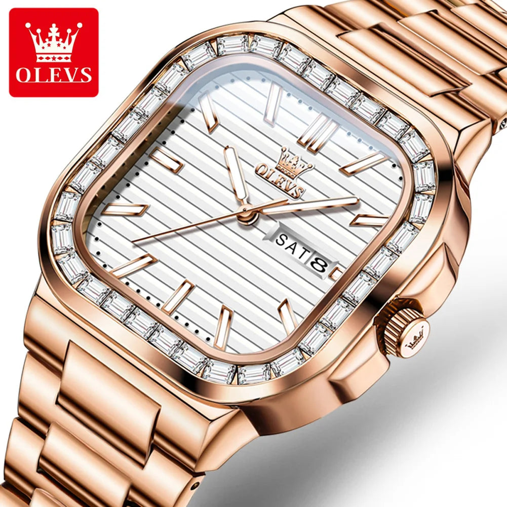 OLEVS 9966 Men's Watches Square Shape Stainless Steel Strap Diamond Calendar Dial Elegant Luxury Wristwatch for Men