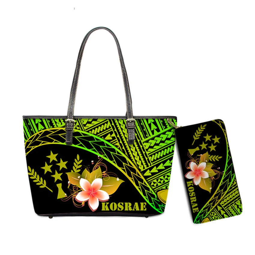 Hawaiian Flower Polynesian Design Print Women Handbags and Purses Set Customized Large Leather Tote Matching Long Zipper Wallet