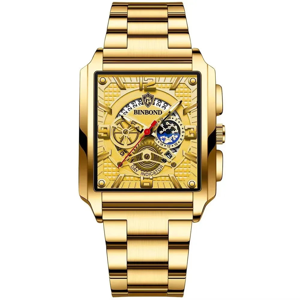 Binbond B6575 6575 Watch Stainless Steel Quartz Wrist Genuine Casual Square Waterproof Leather Belt Luminous Hands Men's Watches