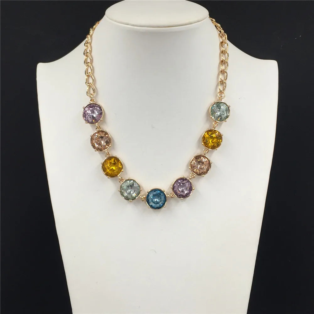 New Arrivals Gold Color Multi Stone Green Navy Red Olive Yellow Sky Colorful Statement Necklace For Women Soft Pastel Decoration