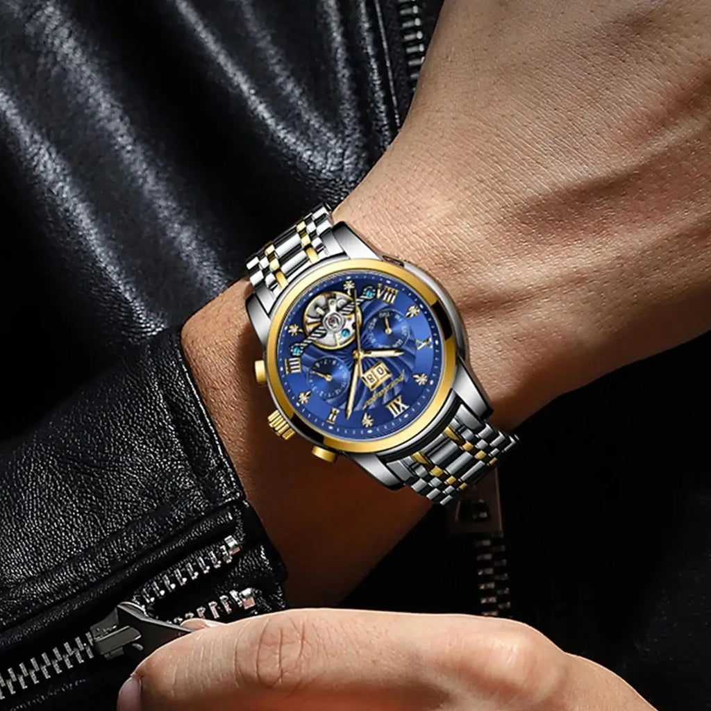POEDAGAR 1408 Waterproof Date Stainless Steel Belt Men's Watches Luxury Hollow Tourbillon Automatic Mechanical Men Wrist Watch