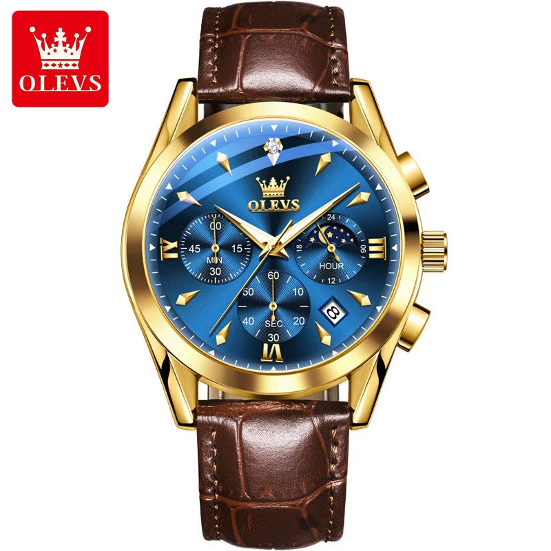 OLEVS New TOP Luxury 3609 Band Wristwatch Men Leather Strap Watch Men Auto Date Chronograph Moon Phase Waterproof Men's Watches