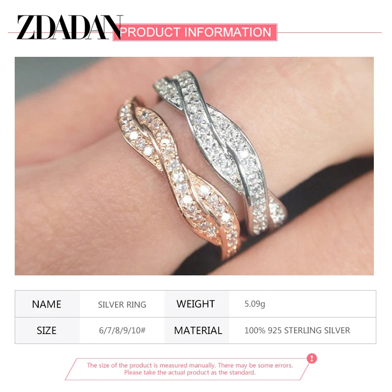 ZDADAN 925 Silver Twist Zircon Rings For Women Wedding Jewelry Gifts