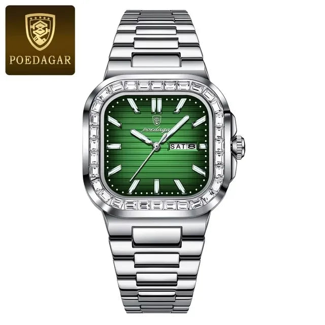 POEDAGAR Luxury Watch for Men Waterproof Luminous Date Week Man Wristwatch Stainless Steel Square Diamond Quartz Men's Watches