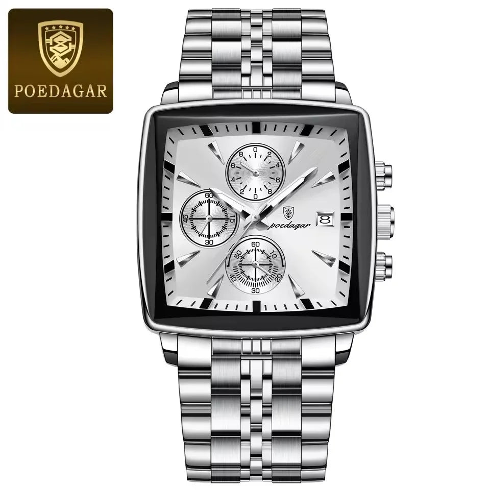 POEDAGAR 866 Fashion Square Sport Man Wristwatch Waterproof Luminous Chronograph Quartz Men's Watches Stainless Steel Men Watch