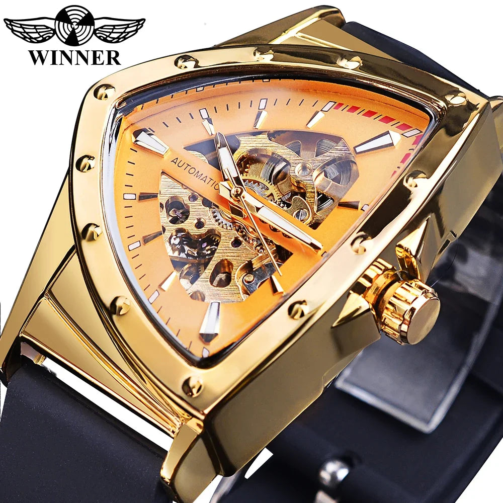 WINNER Sport Style Men's Watches Transparent Mechanical Watch Triangle Automatic   With Luminous Pointers