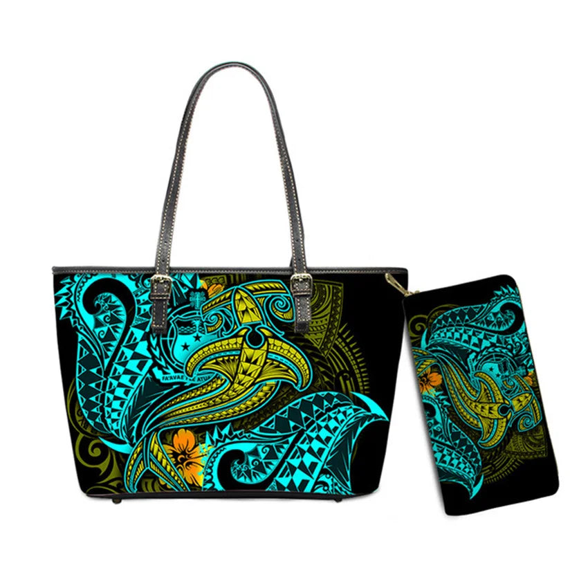 Hawaiian Flower Polynesian Design Print Women Handbags and Purses Set Customized Large Leather Tote Matching Long Zipper Wallet