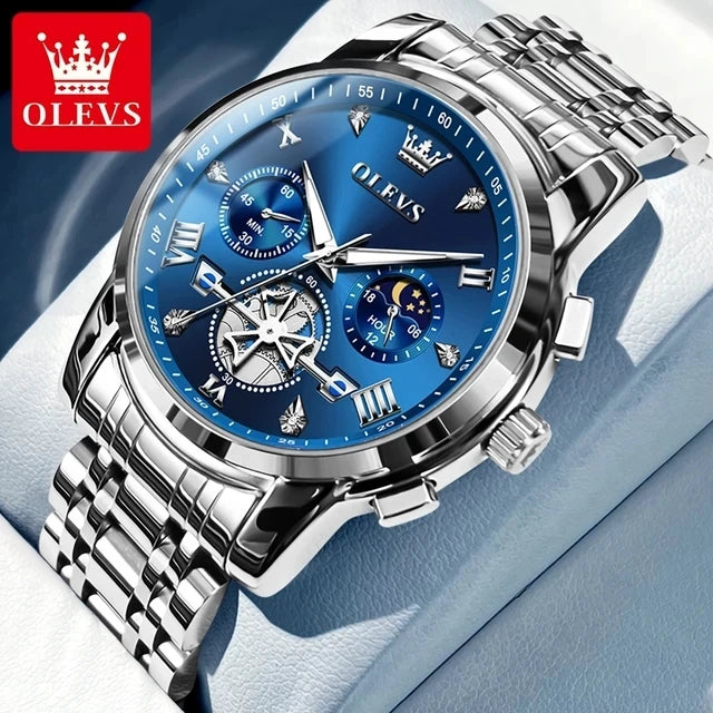 OLEVS 2856 Men's Watches Classic Multifunctional Flywheel Design Stainless Steel Waterproof Moon Phase Men's Wristwatches Trend