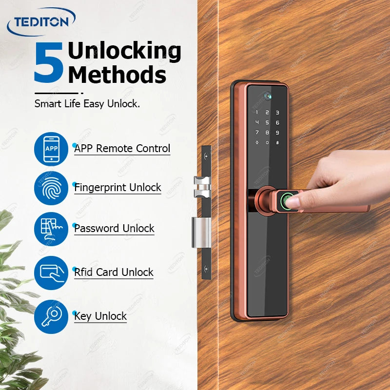 Tediton Waterproof Biometric Digital Fingerprint Smart Camera Door Lock With Tuya Wifi for Home Apartment