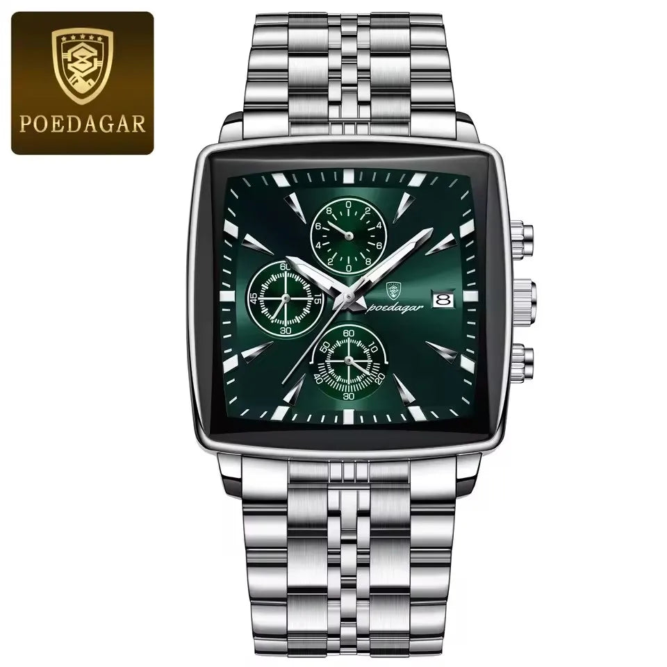 POEDAGAR 866 Fashion Square Sport Man Wristwatch Waterproof Luminous Chronograph Quartz Men's Watches Stainless Steel Men Watch