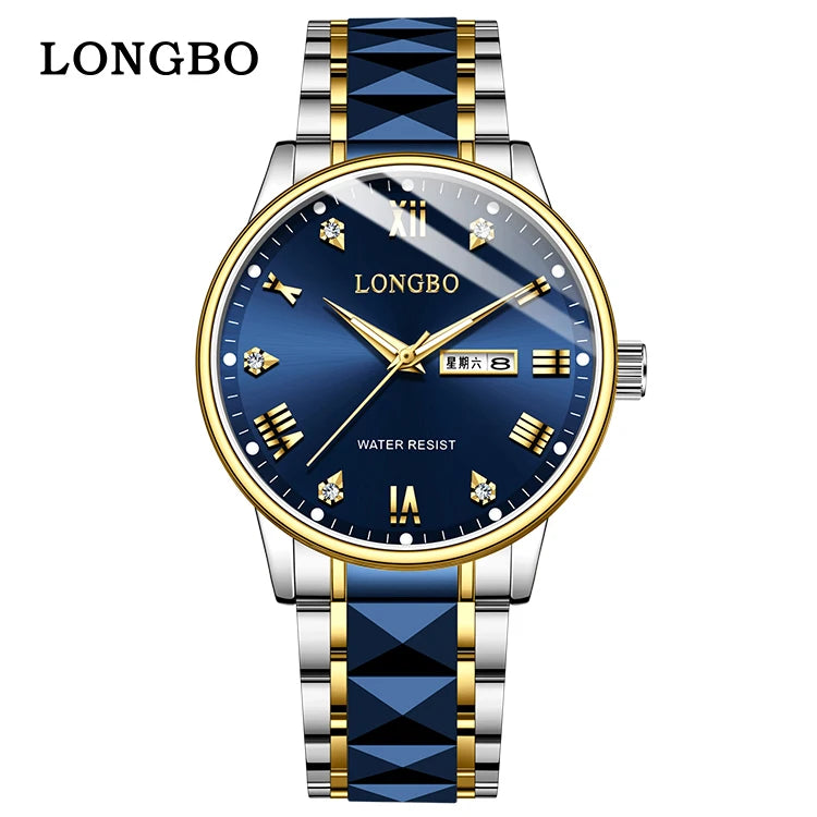 LONGBO 83702 New Arrival Quartz Men Watch Fashion Classic Stainless Steel Diamond Dial Gold Belt Dual Calendar for Men's Watches
