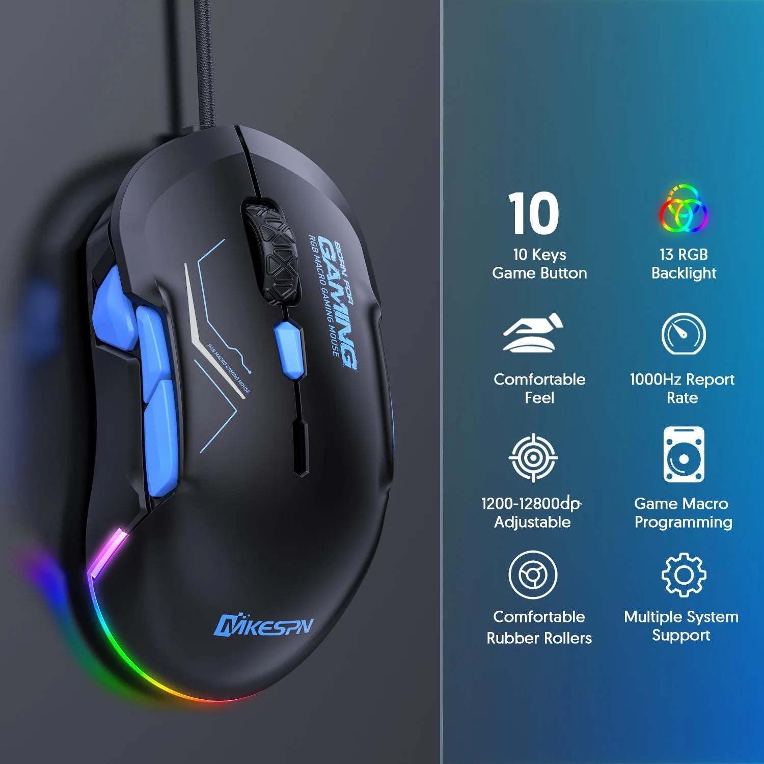 MKESPN X12 Programmable Buttons Mouse Left Right Hand Symmetrical 10-button RGB Macro Defines Gaming USB Wired 12800DPI Mouse