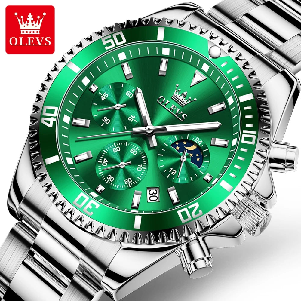 OLEVS 2870 Men's Watches Luxury Watch for Men Original Waterproof Stainless Steel Wristwatch Moon Phase Date Rota Dial