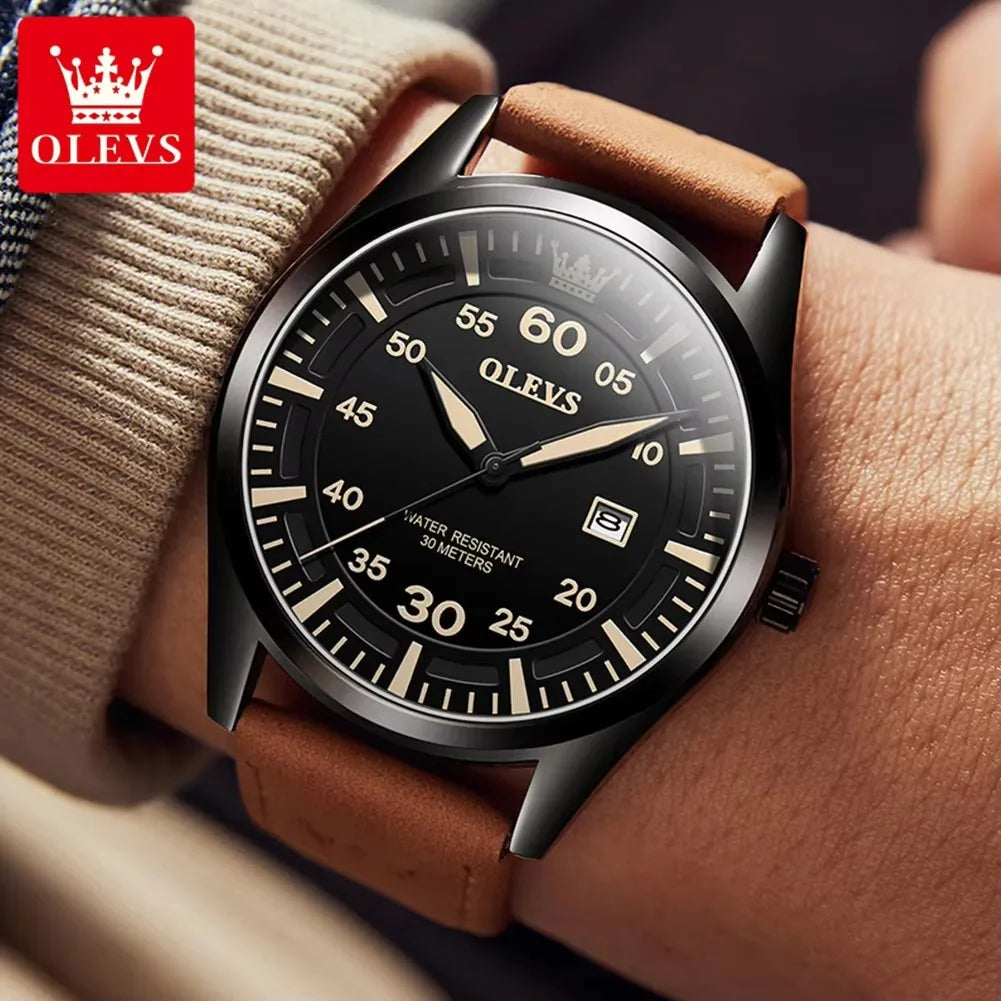 OLEVS 9962 Top Quartz Watch Men Genuine Leather Strap Waterproof Luminous Calendar Men's Watches Casual Sports Man Wristwatch