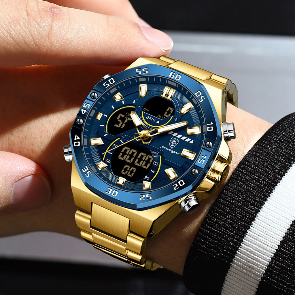 POEDAGAR E101 Stainless Steel Belt Dual Display Brand Fashion Men's Watches Multi Functional Luxury Quartz Digital Watch for Men