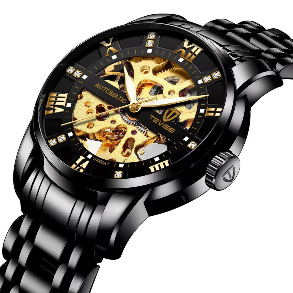 TEVISE T9005A 9005A Mechanical Roman Digital Hollow Luminous Function Automatic 3ATM Waterproof Stainless Steel Men's Watches