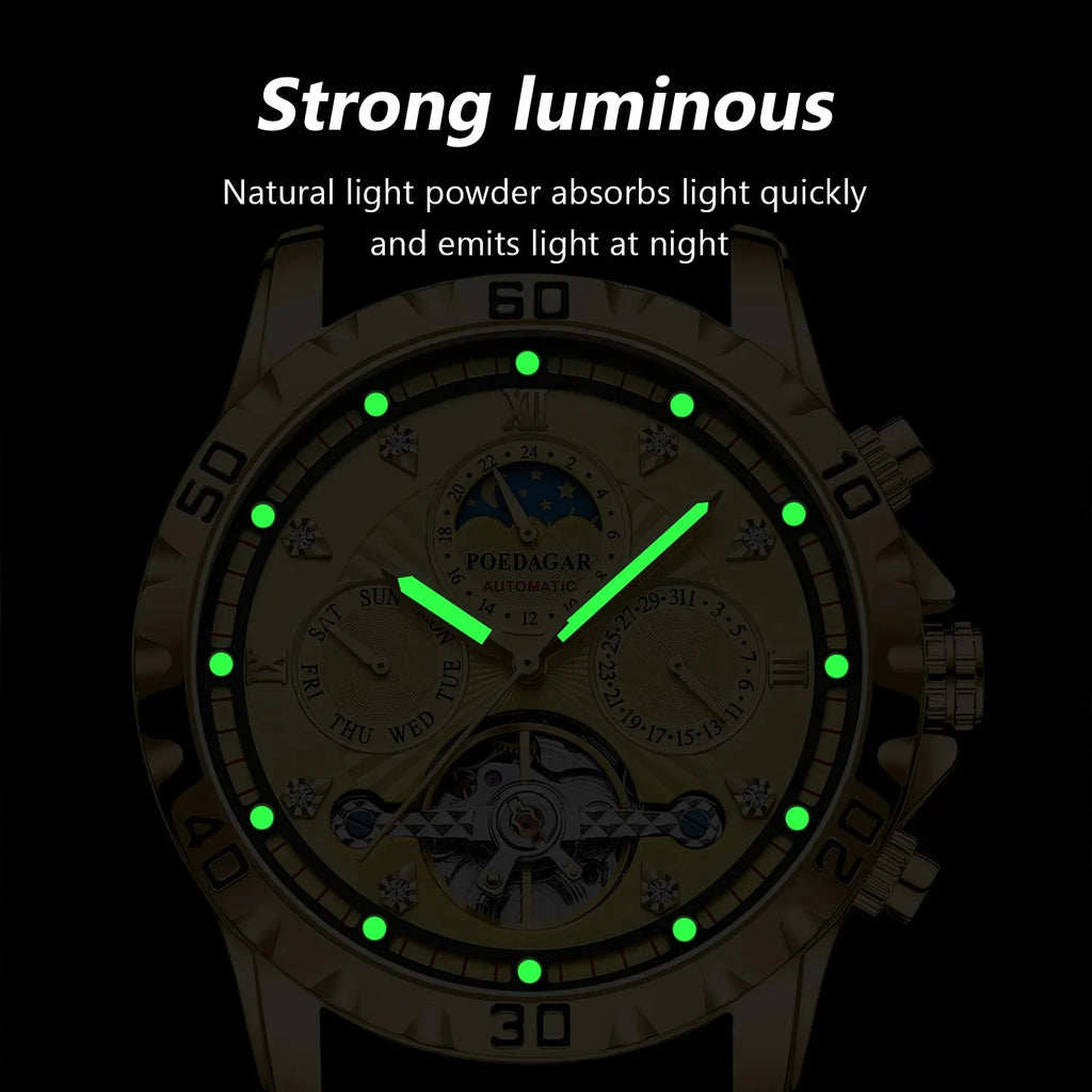 POEDAGAR 1412 Luxury Automatic Mechanical Tourbillon Waterproof Luminous Date Week Men Wristwatch Stainless Steel Men's Watches
