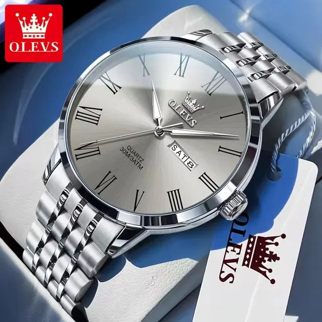 OLEVS 3633 Men's Watches Stainless Steel Business Quartz Watch for Man Waterproof Luminous Dual Calendar Display Wristwatch