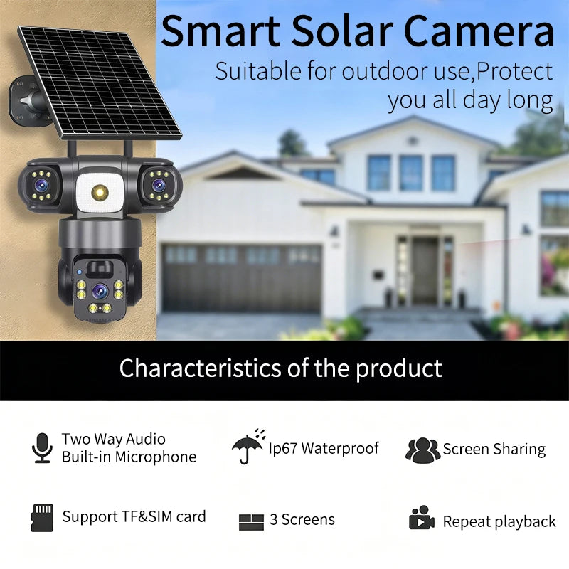 Rscamcom V380pro 6MP 4g Sim Card Three Lens Solar Wireless Cameras Outdoor Cctv Ptz Surveillance Security Camera Solar