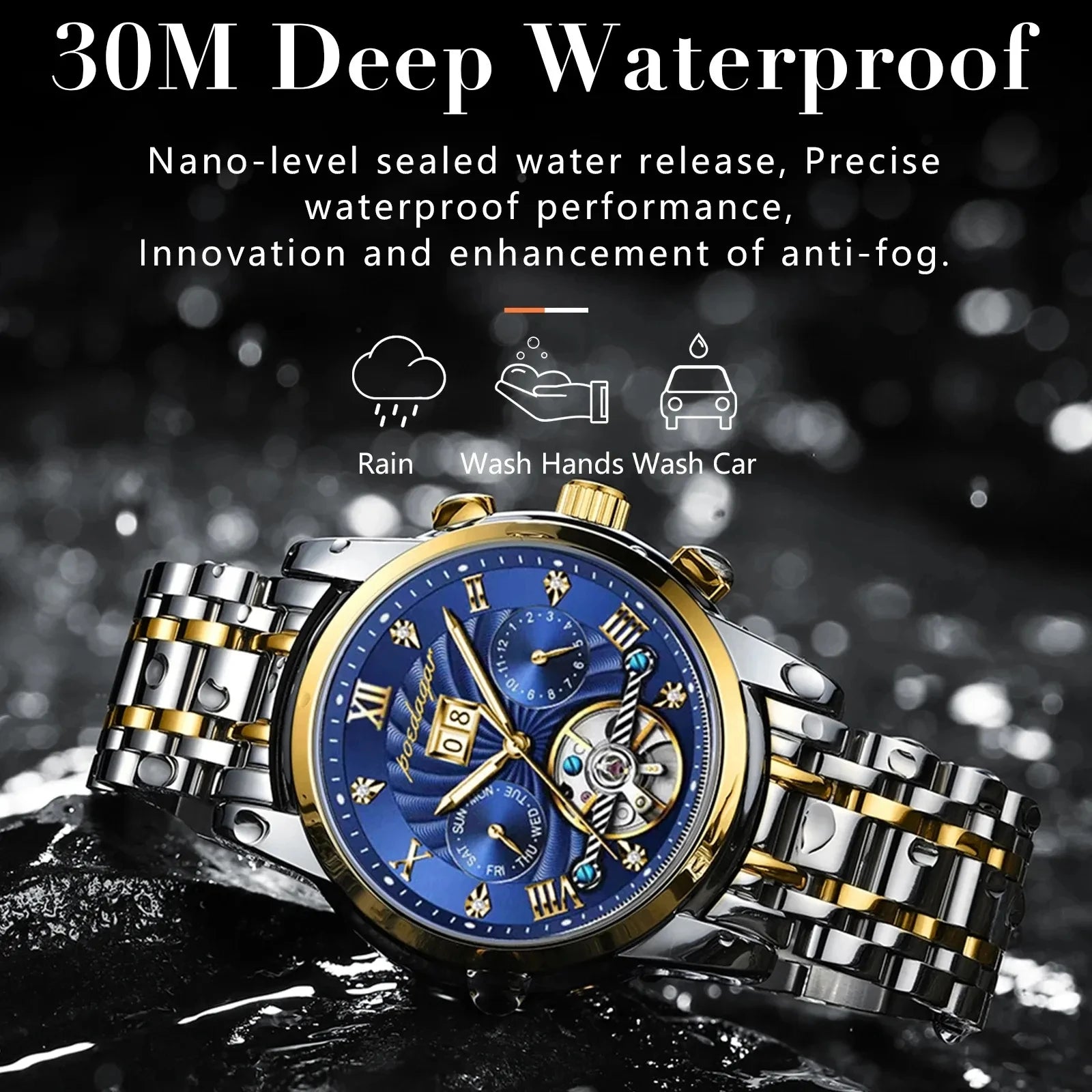 POEDAGAR 1408 Waterproof Date Stainless Steel Belt Men's Watches Luxury Hollow Tourbillon Automatic Mechanical Men Wrist Watch